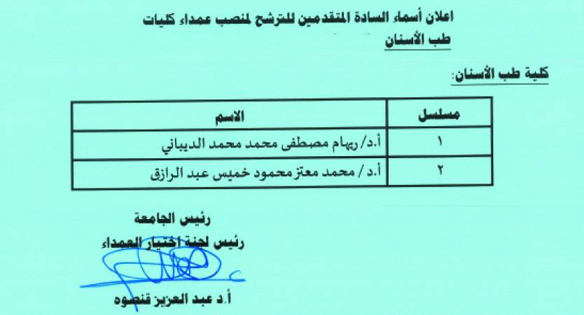 جامعة الإسكندرية تعلن أسماء الساده المتقدمين للترشح لمنصب عميد كلية الأسنان